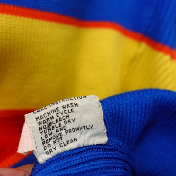 Vintage Ski Sweater Womens L Blue Yellow Red Colorblock Stripe 70s OSSI Slim Fit - Picture 11 of 12